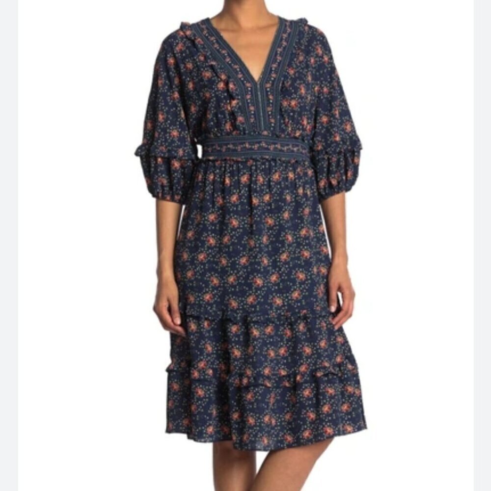Max Studio Navy Floral Ruffled Empire Waist Midi Dress Size M
